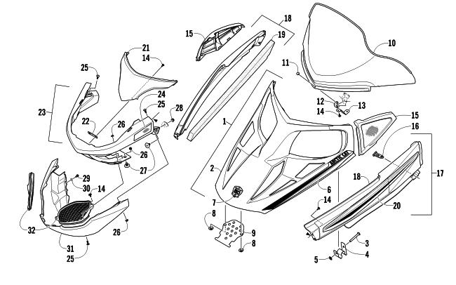 Parts Diagram for Arctic Cat 2012 BEARCAT 570 SNOWMOBILE HOOD, WINDSHIELD, AND FRONT BUMPER ASSEMBLY