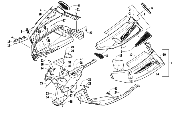 Parts Diagram for Arctic Cat 2012 BEARCAT 570 SNOWMOBILE SKID PLATE AND SIDE PANEL ASSEMBLY