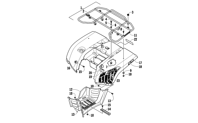 Parts Diagram for Arctic Cat 2012 650 ATV REAR RACK, BODY PANEL, AND FOOTWELL ASSEMBLIES