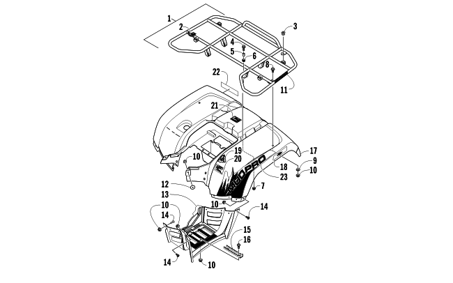 Parts Diagram for Arctic Cat 2012 700 MUD PRO ATV REAR RACK, BODY PANEL, AND FOOTWELL ASSEMBLIES