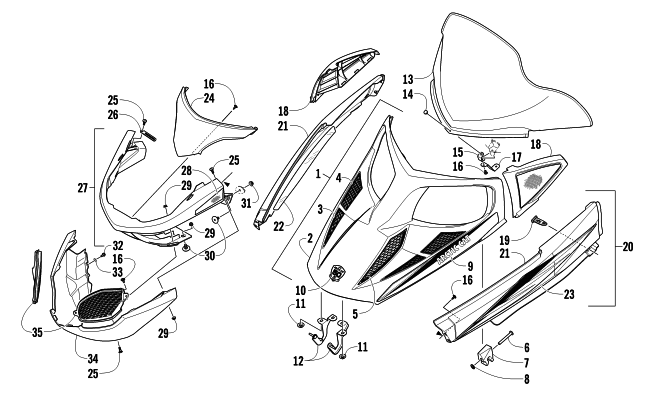 Parts Diagram for Arctic Cat 2012 TZ1 SNOWMOBILE HOOD, WINDSHIELD, AND FRONT BUMPER ASSEMBLY