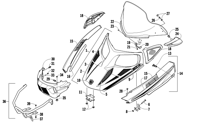 Parts Diagram for Arctic Cat 2012 BEARCAT Z1 XT SNOWMOBILE HOOD, WINDSHIELD, AND FRONT BUMPER ASSEMBLY