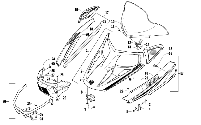 Parts Diagram for Arctic Cat 2012 BEARCAT 570 XT SNOWMOBILE HOOD, WINDSHIELD, AND FRONT BUMPER ASSEMBLY