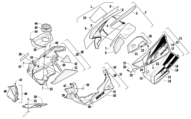 Parts Diagram for Arctic Cat 2012 F 1100 LXR SNOWMOBILE SKID PLATE AND SIDE PANEL ASSEMBLY