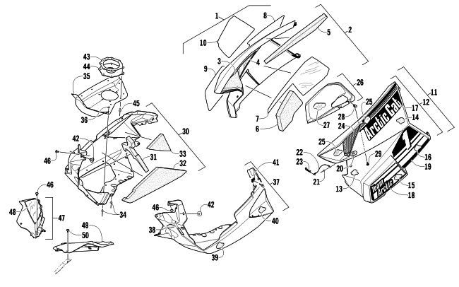 Parts Diagram for Arctic Cat 2012 XF 1100 SNO PRO ANNIVERSARY SNOWMOBILE SKID PLATE AND SIDE PANEL ASSEMBLY