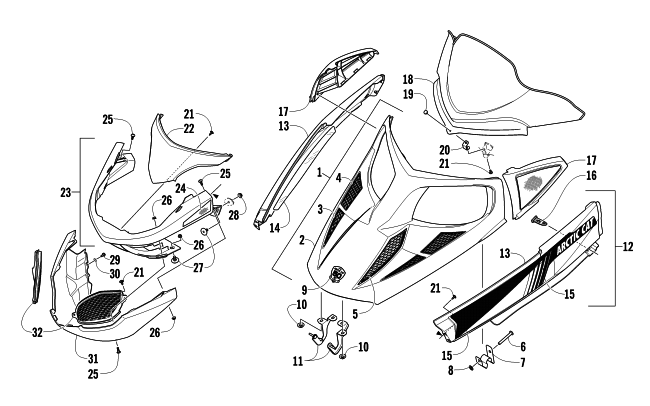 Parts Diagram for Arctic Cat 2012 F5 LXR SNOWMOBILE HOOD, WINDSHIELD, AND FRONT BUMPER ASSEMBLY