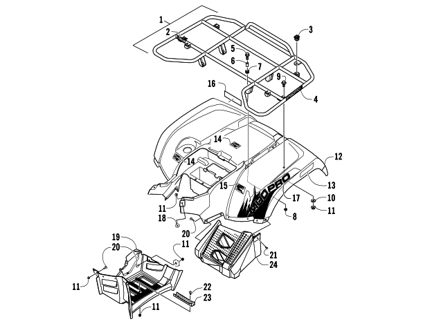 Parts Diagram for Arctic Cat 2012 1000 MUD PRO LTD ATV REAR RACK, BODY PANEL, AND FOOTWELL ASSEMBLIES