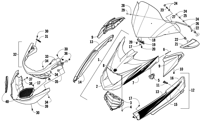 Parts Diagram for Arctic Cat 2012 TZ1 TURBO LXR LTD SNOWMOBILE HOOD, WINDSHIELD, AND FRONT BUMPER ASSEMBLY