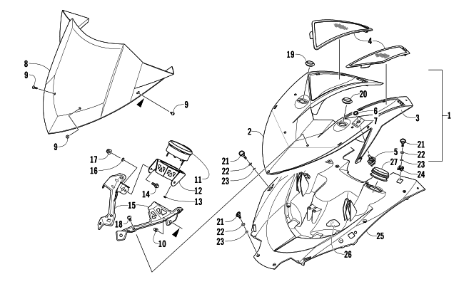 Parts Diagram for Arctic Cat 2012 SNO PRO 600 CROSS COUNTRY SNOWMOBILE POD AND WINDSHIELD ASSEMBLY