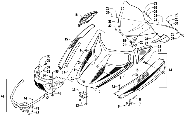 Parts Diagram for Arctic Cat 2013 BEARCAT Z1 XT SNOWMOBILE HOOD, WINDSHIELD, AND FRONT BUMPER ASSEMBLY