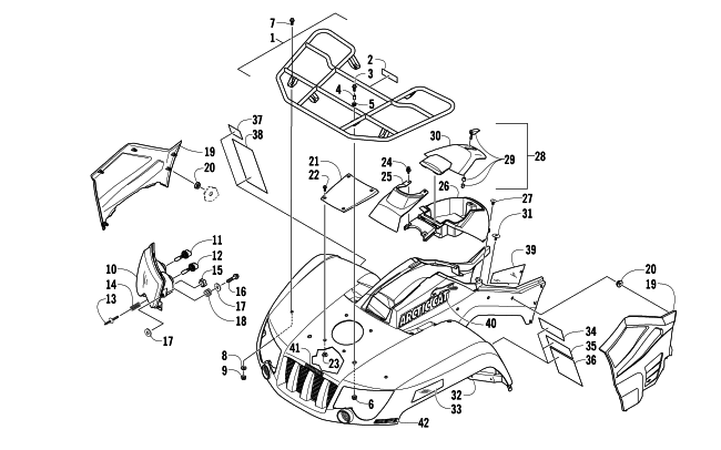 Parts Diagram for Arctic Cat 2013 500 ATV FRONT RACK, BODY PANEL, AND HEADLIGHT ASSEMBLIES