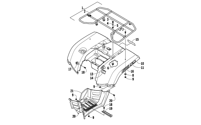 Parts Diagram for Arctic Cat 2013 500 ATV REAR RACK, BODY PANEL, AND FOOTWELL ASSEMBLIES