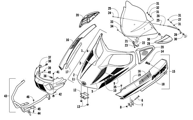 Parts Diagram for Arctic Cat 2013 BEARCAT Z1 XT LTD SNOWMOBILE HOOD, WINDSHIELD, AND FRONT BUMPER ASSEMBLY
