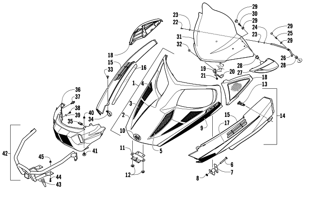 Parts Diagram for Arctic Cat 2013 BEARCAT Z1 XT GS SNOWMOBILE HOOD, WINDSHIELD, AND FRONT BUMPER ASSEMBLY