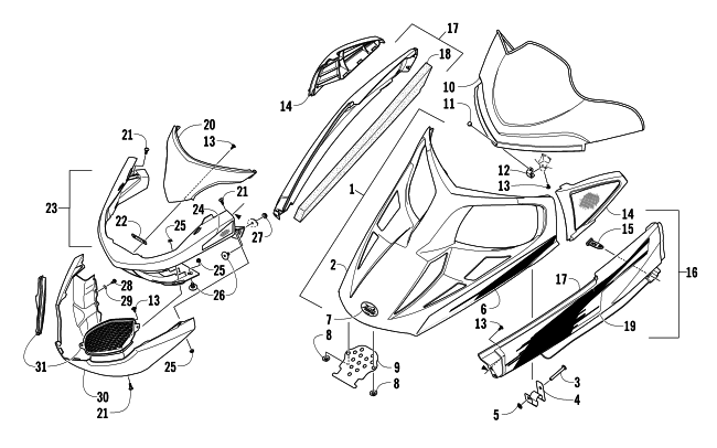 Parts Diagram for Arctic Cat 2014 F570 SNOWMOBILE HOOD, WINDSHIELD, AND FRONT BUMPER ASSEMBLY