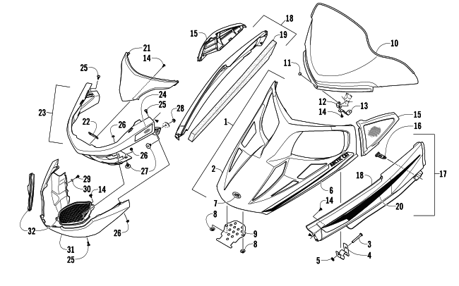 Parts Diagram for Arctic Cat 2013 BEARCAT 570 SNOWMOBILE HOOD, WINDSHIELD, AND FRONT BUMPER ASSEMBLY