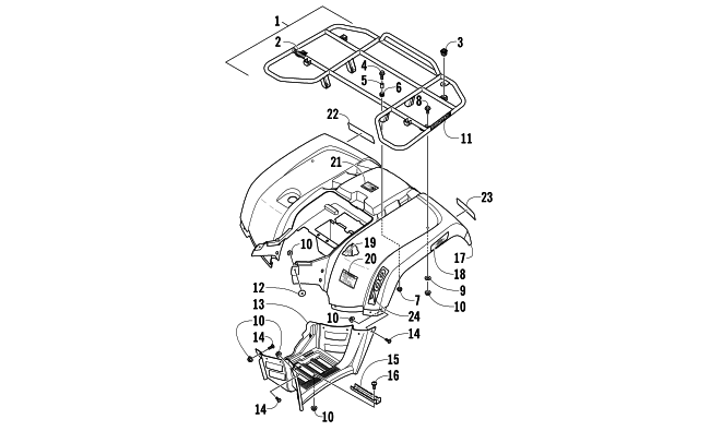 Parts Diagram for Arctic Cat 2013 700 LTD ATV REAR RACK, BODY PANEL, AND FOOTWELL ASSEMBLIES
