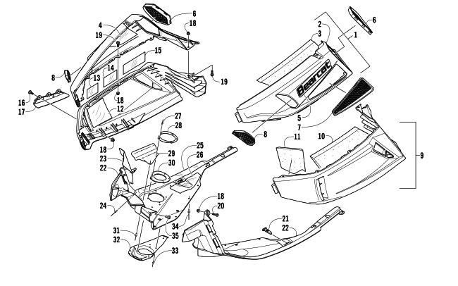 Parts Diagram for Arctic Cat 2013 BEARCAT 570 SNOWMOBILE SKID PLATE AND SIDE PANEL ASSEMBLY