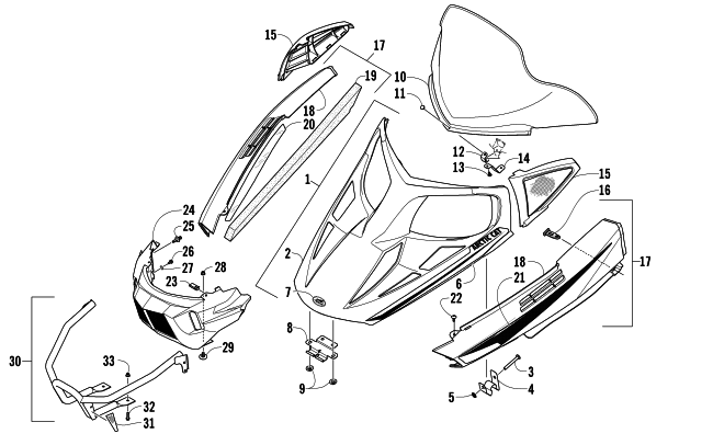 Parts Diagram for Arctic Cat 2013 BEARCAT 570 XT SNOWMOBILE HOOD, WINDSHIELD, AND FRONT BUMPER ASSEMBLY