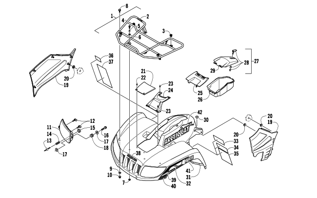 Parts Diagram for Arctic Cat 2013 TBX 700 ATV FRONT RACK, BODY PANEL, AND HEADLIGHT ASSEMBLIES