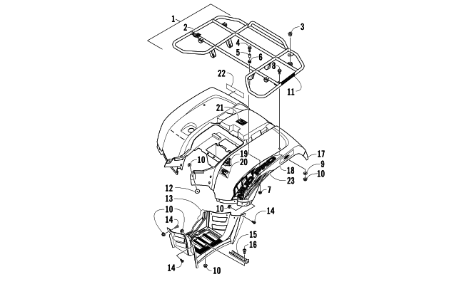 Parts Diagram for Arctic Cat 2013 700 MUD PRO ATV REAR RACK, BODY PANEL, AND FOOTWELL ASSEMBLIES