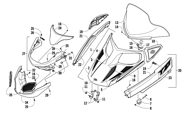 Parts Diagram for Arctic Cat 2013 TZ1 SNOWMOBILE HOOD, WINDSHIELD, AND FRONT BUMPER ASSEMBLY