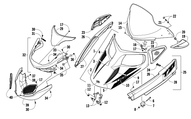 Parts Diagram for Arctic Cat 2013 TZ1 LXR SNOWMOBILE HOOD, WINDSHIELD, AND FRONT BUMPER ASSEMBLY