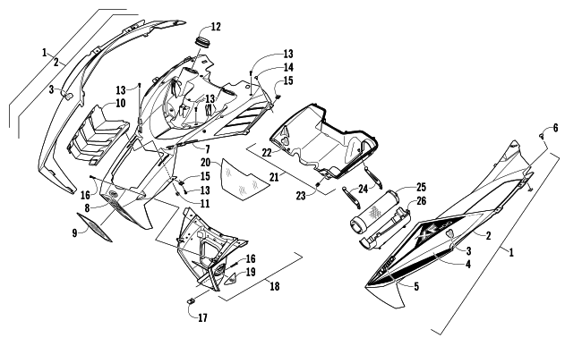 Parts Diagram for Arctic Cat 2013 XF 1100 TURBO CROSS-TOUR SNOWMOBILE HOOD AND AIR INTAKE ASSEMBLY