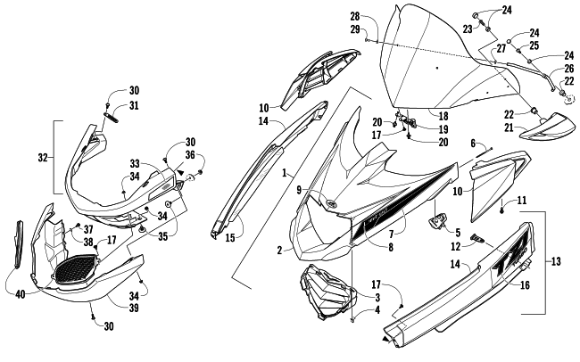 Parts Diagram for Arctic Cat 2013 TZ1 TURBO LXR SNOWMOBILE HOOD, WINDSHIELD, AND FRONT BUMPER ASSEMBLY