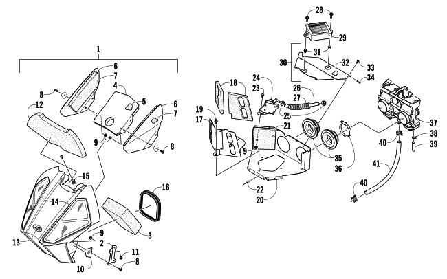 Parts Diagram for Arctic Cat 2013 SNO PRO 600 SNOWMOBILE AIR SILENCER, CARBURETOR, AND FUEL PUMP ASSEMBLY