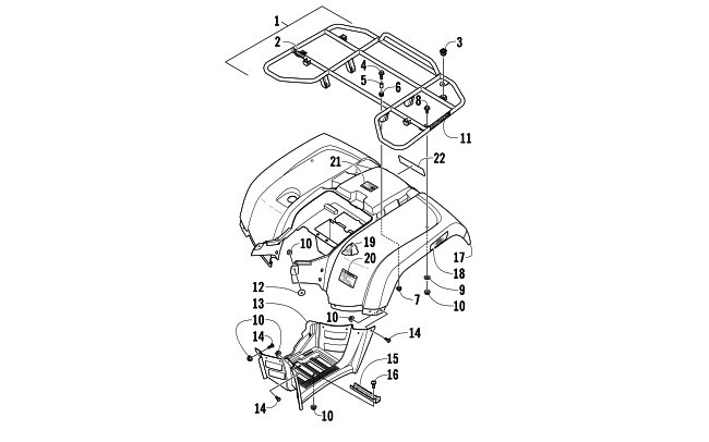 Parts Diagram for Arctic Cat 2014 700 ATV REAR RACK, BODY PANEL, AND FOOTWELL ASSEMBLIES