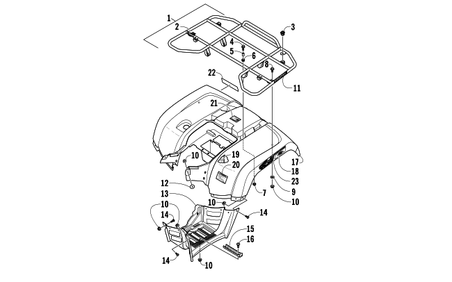 Parts Diagram for Arctic Cat 2014 700 LTD ATV REAR RACK, BODY PANEL, AND FOOTWELL ASSEMBLIES