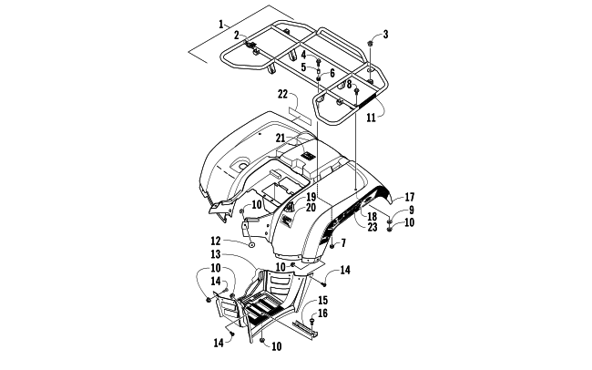 Parts Diagram for Arctic Cat 2014 700 MUD PRO LTD ATV REAR RACK, BODY PANEL, AND FOOTWELL ASSEMBLIES