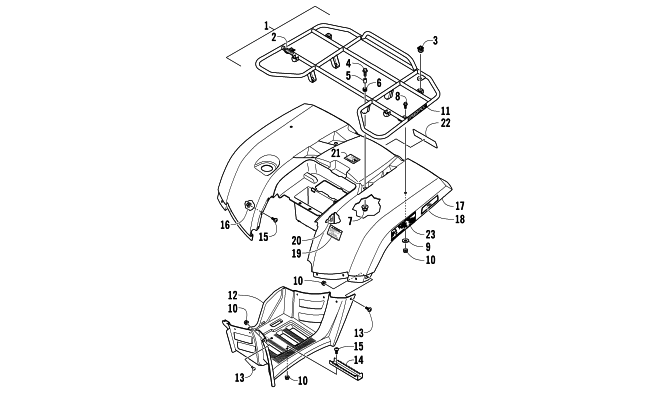 Parts Diagram for Arctic Cat 2014 500 XT ATV REAR RACK, BODY PANEL, AND FOOTWELL ASSEMBLIES