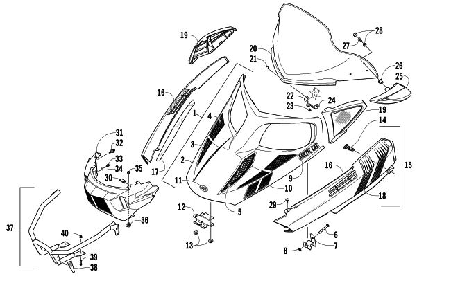 Parts Diagram for Arctic Cat 2014 BEARCAT Z1 XT SNOWMOBILE HOOD, WINDSHIELD, AND FRONT BUMPER ASSEMBLY