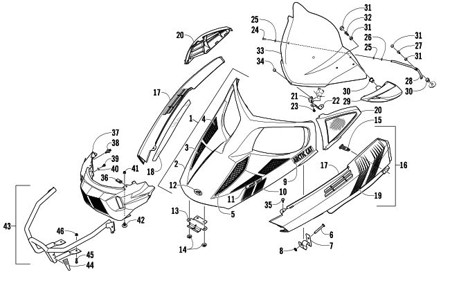 Parts Diagram for Arctic Cat 2014 BEARCAT Z1 XT LTD SNOWMOBILE HOOD, WINDSHIELD, AND FRONT BUMPER ASSEMBLY