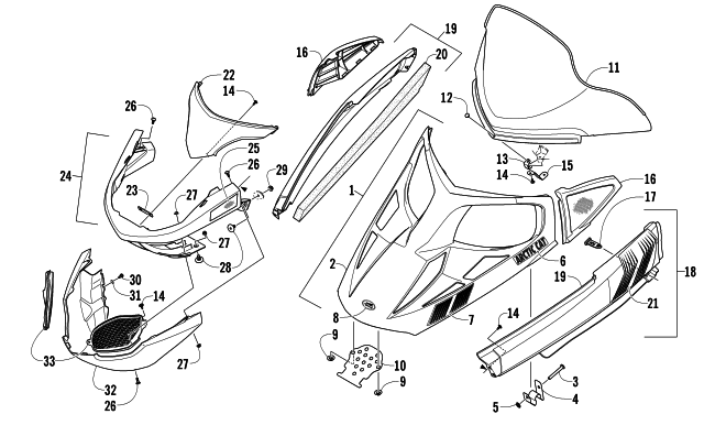 Parts Diagram for Arctic Cat 2014 BEARCAT 570 SNOWMOBILE HOOD, WINDSHIELD, AND FRONT BUMPER ASSEMBLY