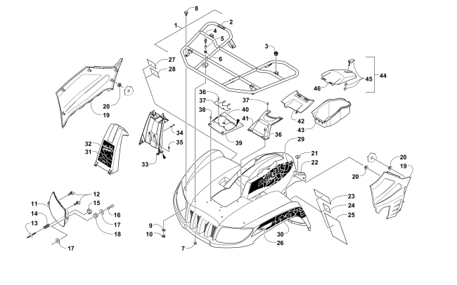 Parts Diagram for Arctic Cat 2014 1000 MUD PRO LTD ATV FRONT RACK, BODY PANEL, AND HEADLIGHT ASSEMBLIES