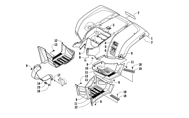 Parts Diagram for Arctic Cat 2014 700 DIESEL ATV REAR BODY PANEL AND FOOTWELL ASSEMBLIES