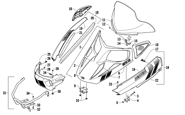 Parts Diagram for Arctic Cat 2014 BEARCAT 570 XT SNOWMOBILE HOOD, WINDSHIELD, AND FRONT BUMPER ASSEMBLY