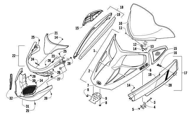 Parts Diagram for Arctic Cat 2014 T570 SNOWMOBILE HOOD, WINDSHIELD, AND FRONT BUMPER ASSEMBLY