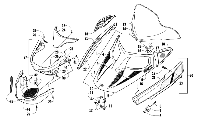 Parts Diagram for Arctic Cat 2014 TZ1 SNOWMOBILE HOOD, WINDSHIELD, AND FRONT BUMPER ASSEMBLY