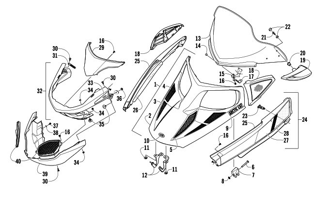 Parts Diagram for Arctic Cat 2014 TZ1 LXR SNOWMOBILE HOOD, WINDSHIELD, AND FRONT BUMPER ASSEMBLY