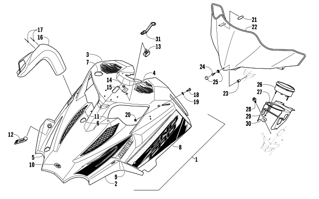 Parts Diagram for Arctic Cat 2014 SNO PRO 500 SNOWMOBILE HOOD AND WINDSHIELD ASSEMBLY