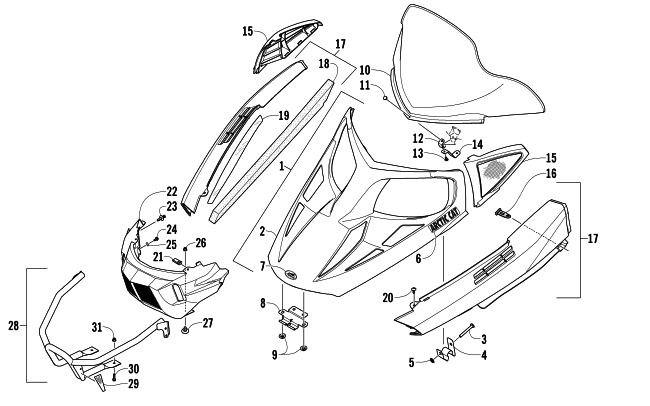 Parts Diagram for Arctic Cat 2015 BEARCAT 2000 XTE SNOWMOBILE HOOD, WINDSHIELD, AND FRONT BUMPER ASSEMBLY