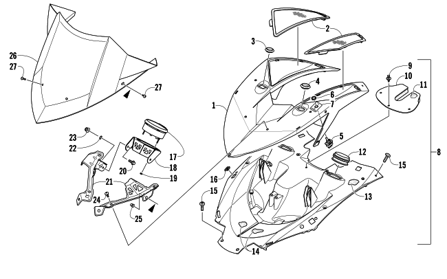 Parts Diagram for Arctic Cat 2014 ZR 6000 SNO PRO R CROSS COUNTRY SNOWMOBILE POD AND WINDSHIELD ASSEMBLY