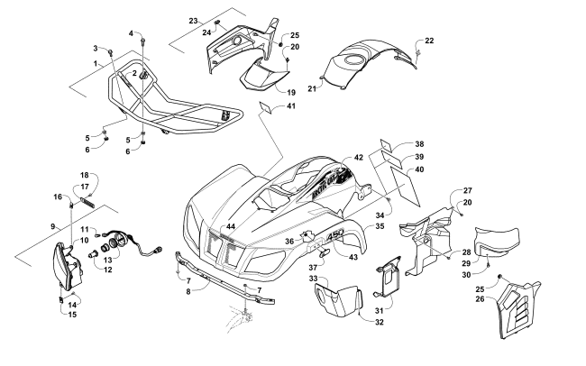 Parts Diagram for Arctic Cat 2014 450 ATV FRONT RACK, BODY PANEL, AND HEADLIGHT ASSEMBLIES