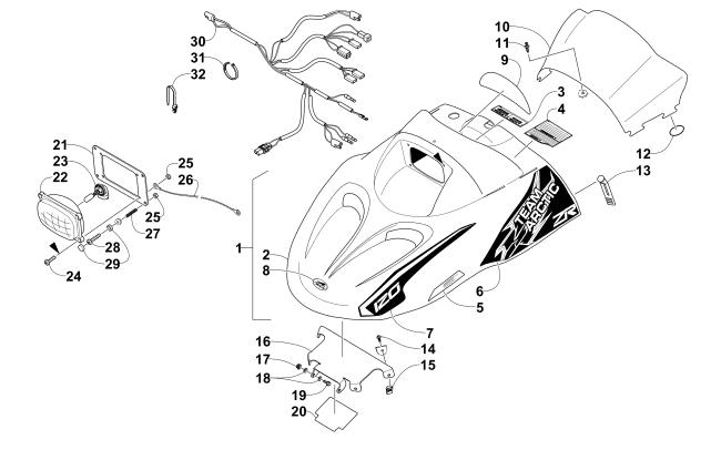 Parts Diagram for Arctic Cat 2015 ZR 120 SNOWMOBILE HOOD, HEADLIGHT, AND WINDSHIELD ASSEMBLY