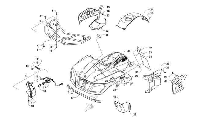 Parts Diagram for Arctic Cat 2014 400 CR ATV FRONT BODY, RACK, AND HEADLIGHT ASSEMBLY