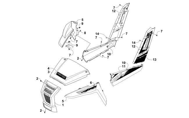 Parts Diagram for Arctic Cat 2014 WILDCAT TRAIL XT ATV FRONT AND SIDE PANEL ASSEMBLIES